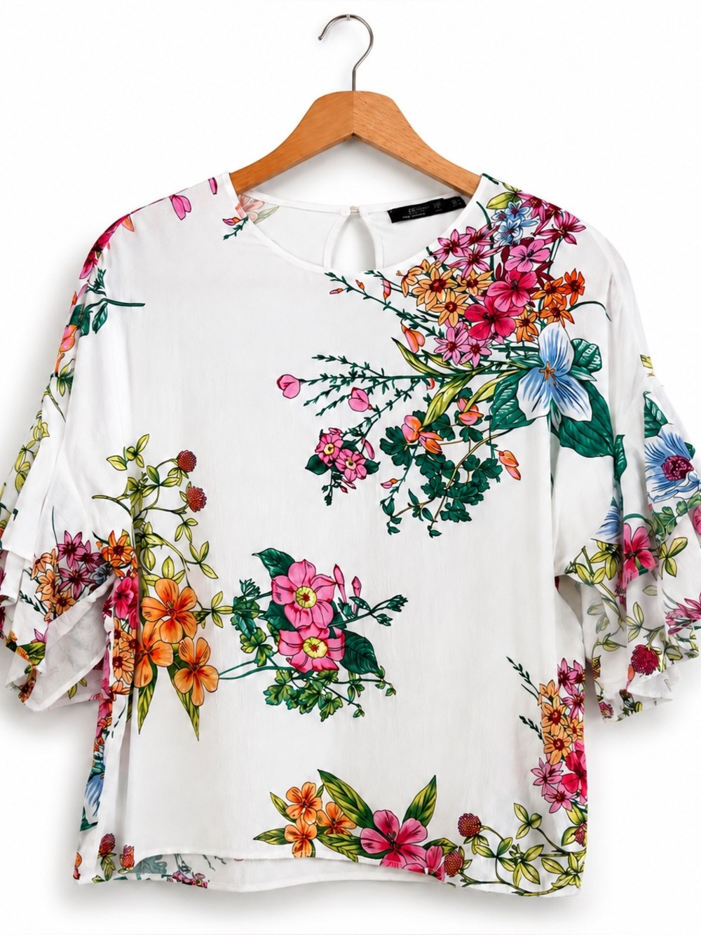 Zara Botanical Floral Flutter Sleeve Blouse White Boho Top S